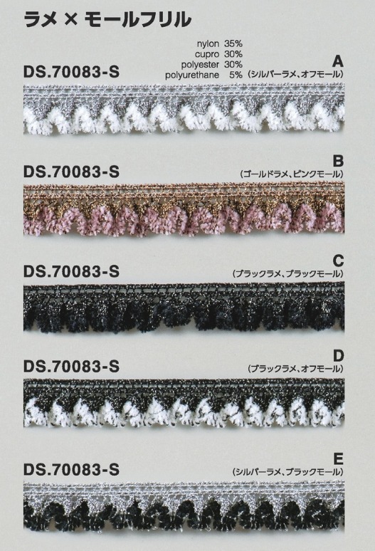 ラメレース ストレッチフリルレース モール入りブレード 1m単位  DS.70083-S　5色展開　14mm巾　大定 日本製