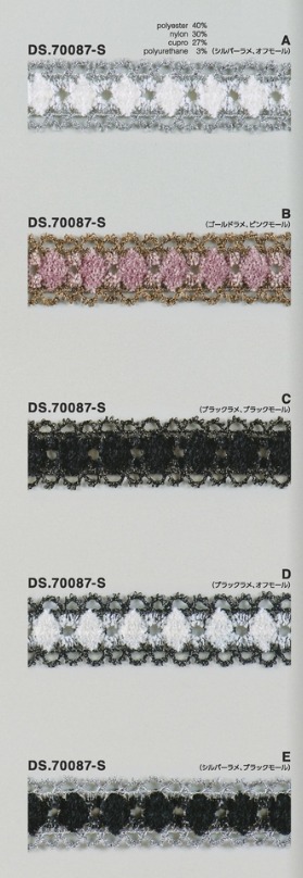 ラメレース ストレッチフリルレース モール入りブレード 1m単位  DS.70087-S　5色展開　25mm巾　大定 日本製