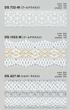 ラメレース　 ゴールドラメ  シルバーラメ入りトーションレース 1m単位　大定　日本製  DS.722-M DS.1022-M DS.827-M