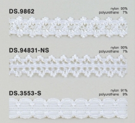 ゴム入りストレッチレース（光沢あり）  ナイロントーションレース 1m単位 白系 大定　日本製  DS.9862　DS.94831ns　DS.3553-S 　 //
