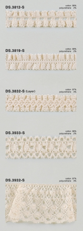 オーガニックコットンレース  ストレッチトーションレース  　1m単位　大定　日本製 DS.3812-S DS.3819-S DS.3832-S DS.3933-S DS.3932-S   //