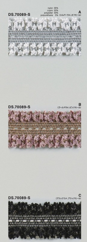 ラメレース ストレッチフリルレース モール入りブレード 1m単位  DS.70089-S　3色展開　48mm巾　大定 日本製