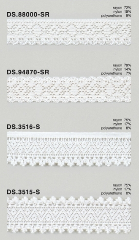 ゴム入りストレッチレース（光沢あり）  レーヨントーションレース 1m単位 白系 大定　日本製  DS.88000SR　DS.94870SR　DS.3516S　DS.3515S //