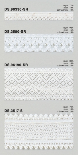 ゴム入りストレッチレース（光沢あり）  レーヨントーションレース 1m単位 白系 大定　日本製  DS.90330SR　DS.3580SR　DS.96190SR　DS.3517S //