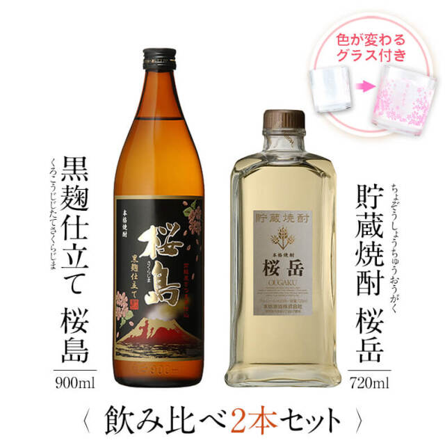 飲み比べセット グラス付き 黒麹仕立て 桜島 貯蔵焼酎 桜岳 2本 セット 25度 900ml 720ml