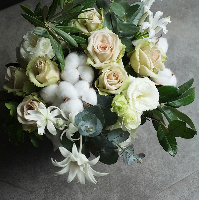 ガラスベース｜フラワーアレンジメント｜コットンフラワー｜オフ