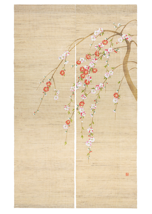 手染め麻のれん「源平枝垂れ桃」 [京都洛柿庵オンラインショップ]