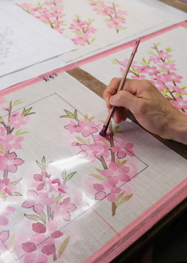 麻のファブリックパネル「桃の花」