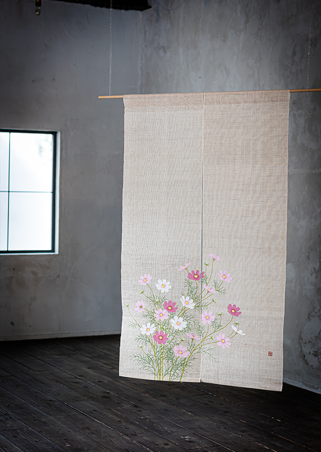手描き麻暖簾【枝垂櫻】手染め　桜のれん 巾77×158cm　一点物　アンティーク 手描き麻暖簾【枝垂櫻】手染め 桜のれん 巾77×158cm 一点物