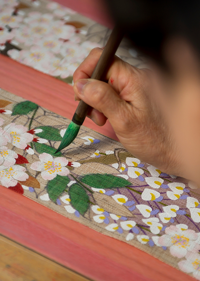 細タペ 手描き友禅「花見遊山」