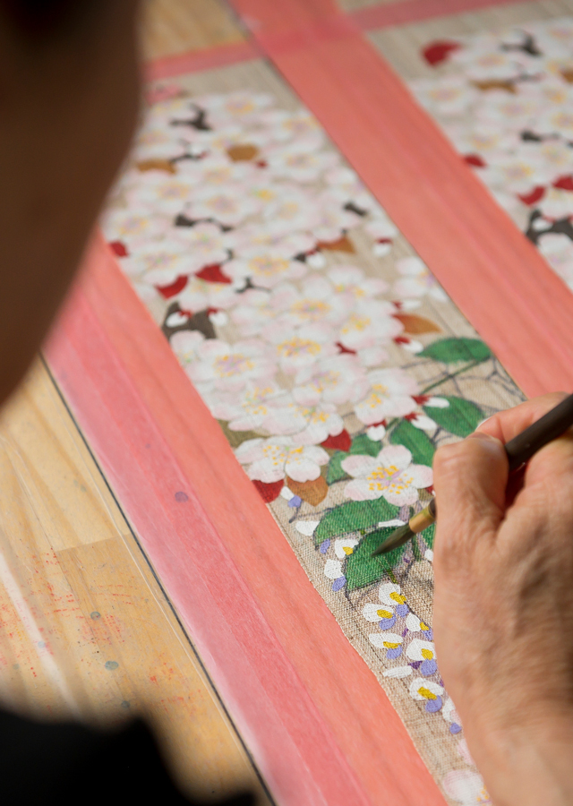 細タペ 手描き友禅「花見遊山」