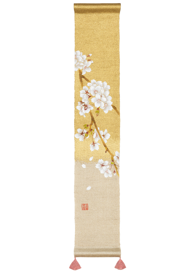 友禅染め『虎に枝垂れ桜』タペストリー 楽天市場】手描き友禅タペストリー：山桜とめじろ（桜 さくら