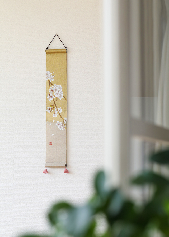 手染め麻 洛粋金彩豆タペ「桜花爛漫」 [京都洛柿庵オンライン