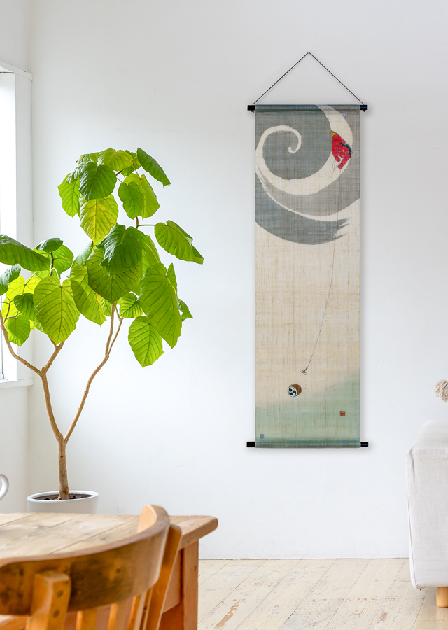 手染め麻タペストリー「雷の太鼓釣り」[京都洛柿庵オンラインショップ]