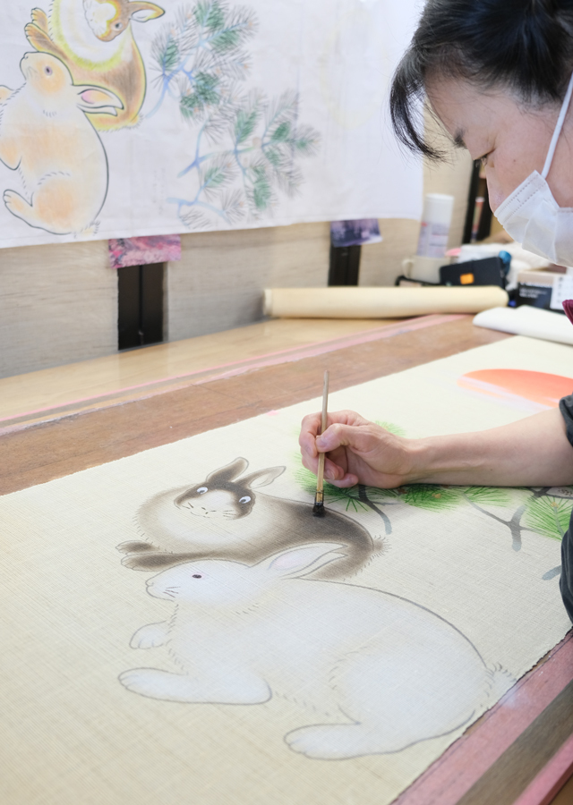 手染め麻タペストリー「日の出うさぎ」 [京都洛柿庵オンラインショップ]