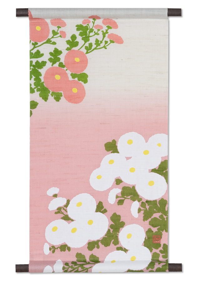 筒描き　縁起物柄　170×156　緑色　明治、大正　古布　タペストリー　　　2 手染め麻タペストリー「万寿菊」 [京都洛柿庵オンラインショップ]