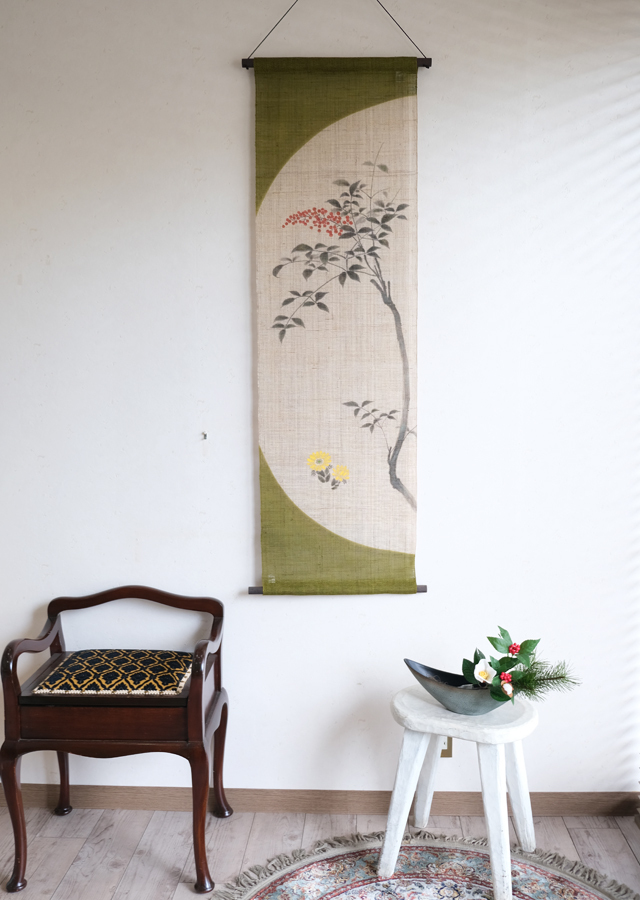 筒描き　縁起物柄　170×156　緑色　明治、大正　古布　タペストリー　　　2 手ぬぐい 正月 縁起 冬 タペストリー 獅子舞 日本製 Airashika TE-7037