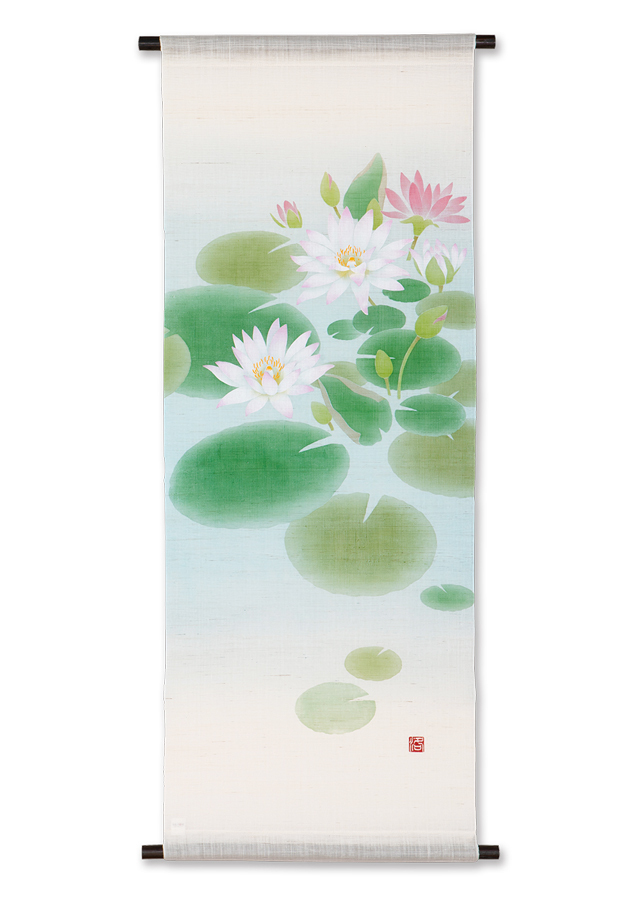 手描き和紙タペストリー(睡蓮/シギ) 手描き麻タペストリー「睡蓮の池」 [京都洛柿庵オンラインショップ]