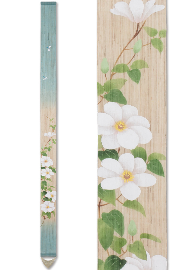 手染め　花タペストリー 手染め麻細タペ「白色大輪クレマチス」 [京都洛柿庵オンラインショップ]
