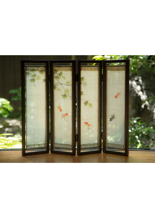 手染め麻ミニ屏風四連 「金魚」 [京都洛柿庵オンラインショップ]