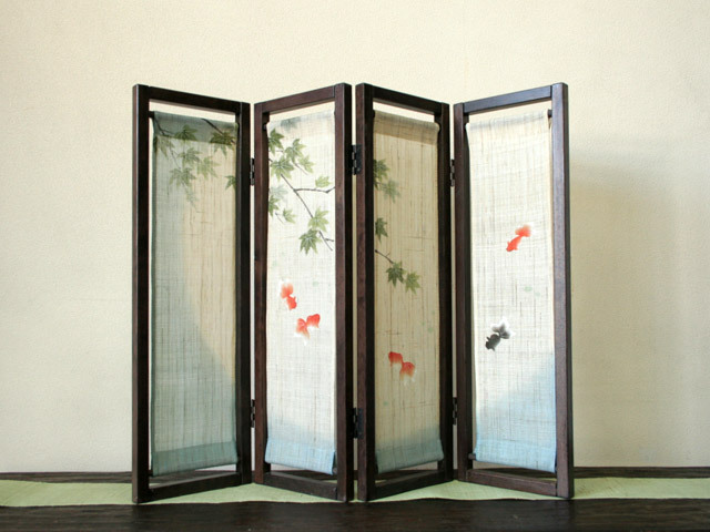 手染め麻ミニ屏風四連 「金魚」 [京都洛柿庵オンラインショップ]