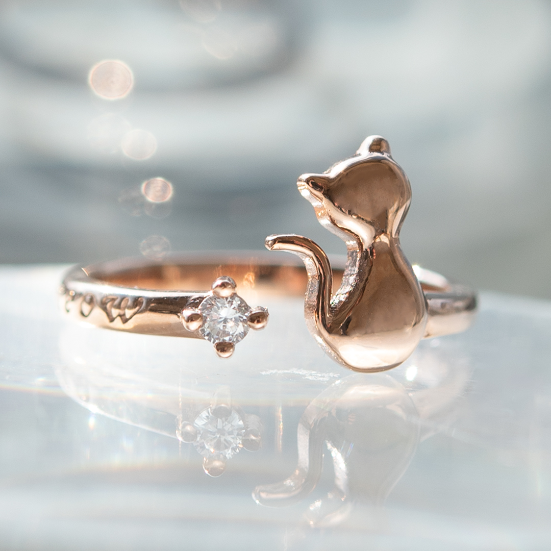 リング ステンレススチール (ピンクゴールドIPコーティング) キュービックジルコニア(猫)(ネコ)(ねこ)[2311850104]