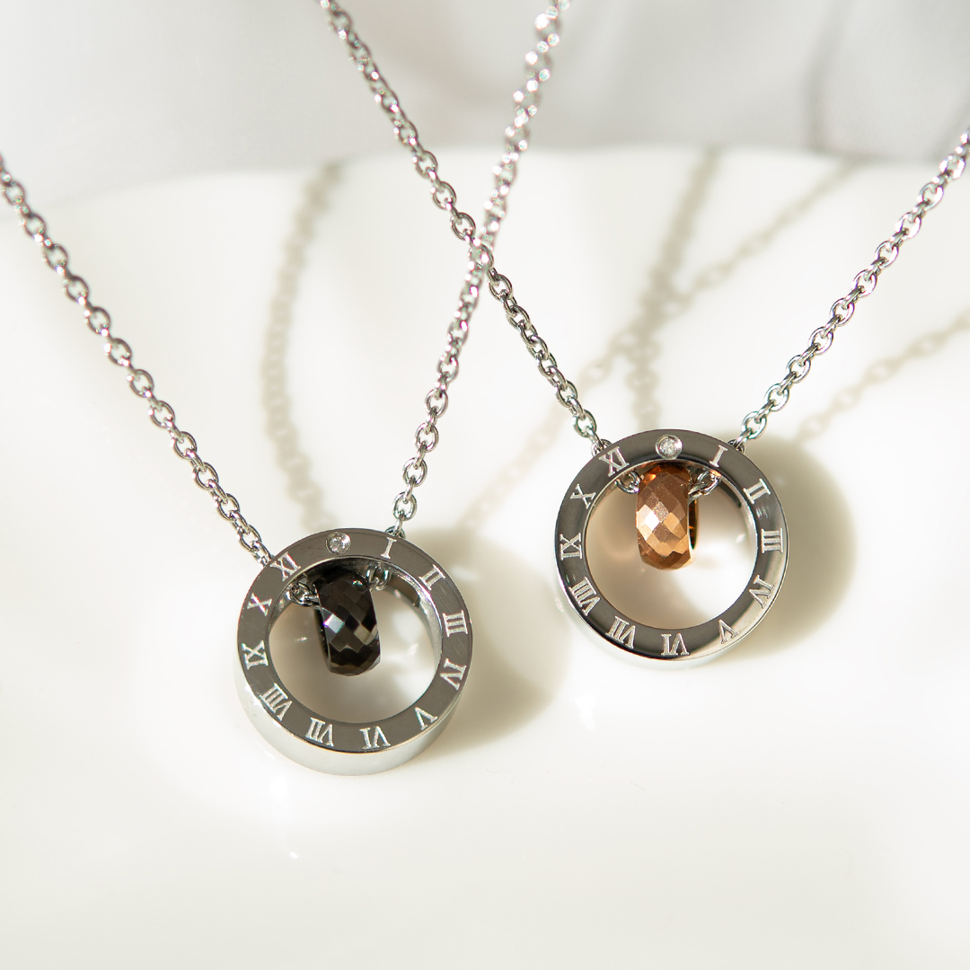 ペアネックレス（ペアセット）サージカルステンレス タングステン(ピンクゴールドIPコーティング/ガンメタIPコーティング) ダイヤモンド(316L）(文字盤）[5323840108-5323840107]