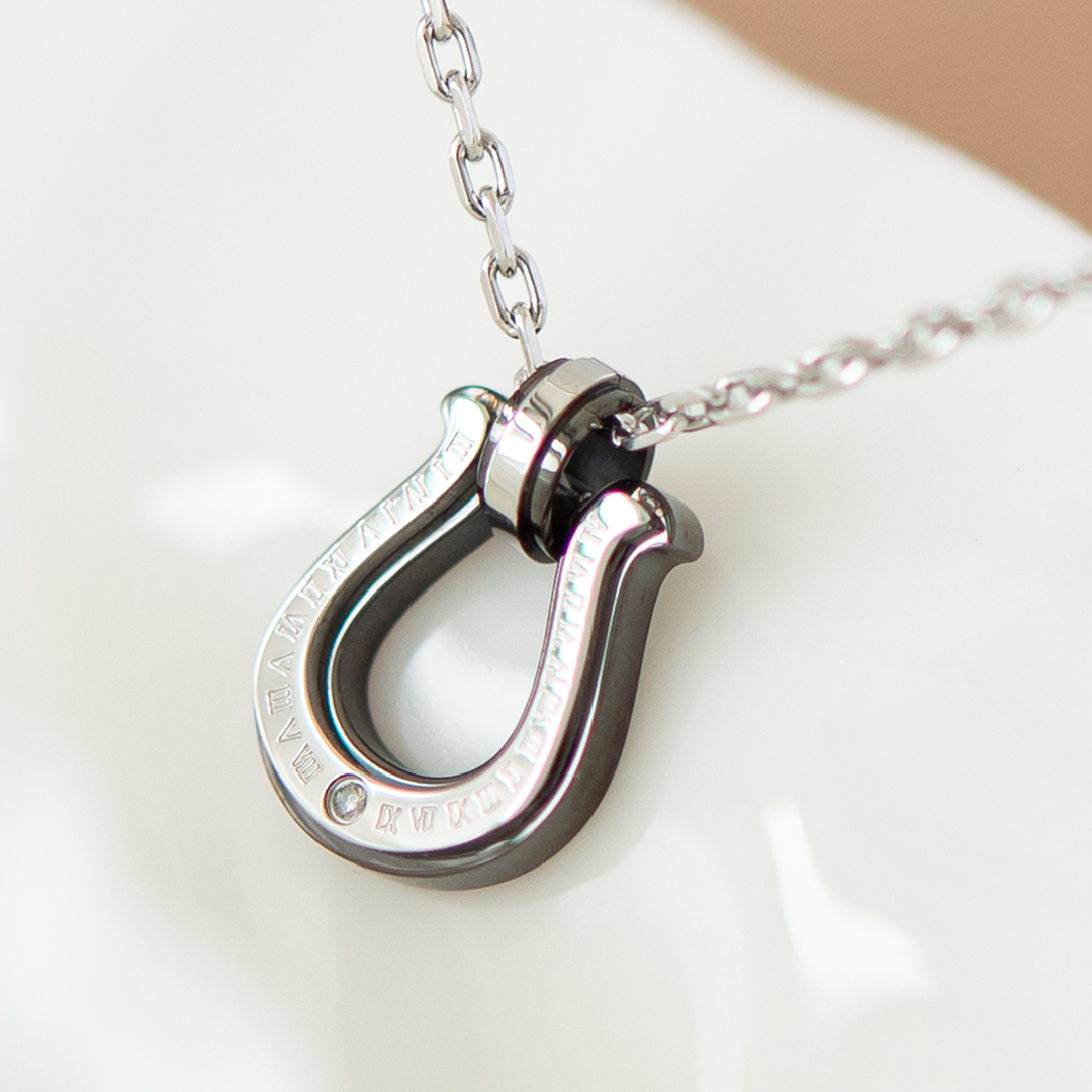 ペアネックレス(メンズ単品)ステンレススチール ガンメタIPコーティング ダイヤモンド(馬蹄)(ホースシュー)(316L)(文字盤)(円周率)[5323840109]