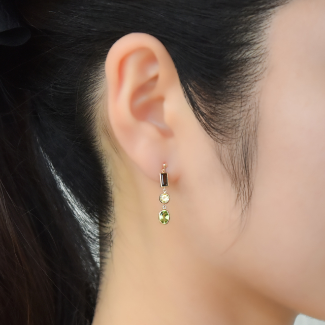 ピアス K10イエローゴールド ペリドット シトリン スモーキークォーツ  