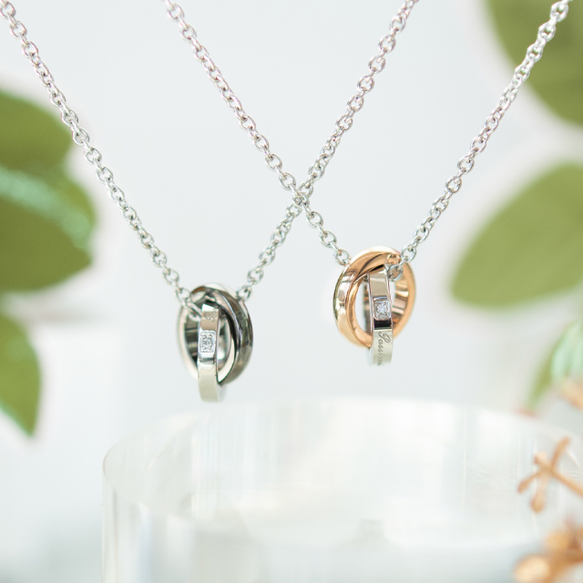 【ペアセット】ネックレス サージカルステンレス ピンクゴールドIPコーティング ガンメタIPコーティング ダイヤモンド