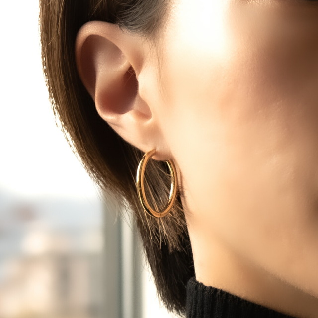 GARNI ローズモチーフ　ゴールドフープピアス 約2cm ステンレスピアス プレートウウェーブフープピアス シルバー