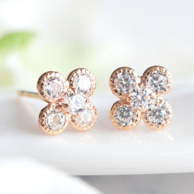 ピアス K10ピンクゴールド キュービックジルコニア フラワー(花)[5752450135]
