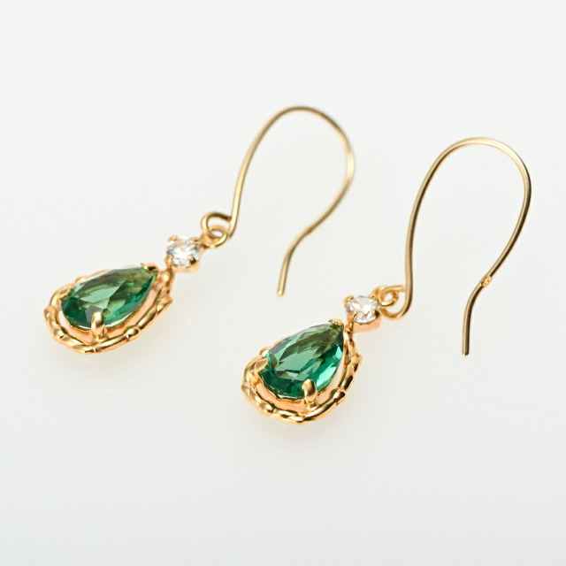 フックピアス K10イエローゴールド シンセグリーンクォーツ キュービックジルコニア (水晶)(雫/しずく/ドロップ)(ペアシェイプ)[6251351001]