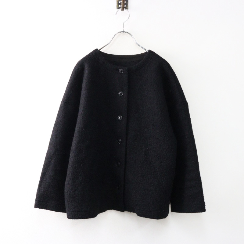 【美品】nest Robe ウールブークレ ノーカラー ジャケット 黒 FREE 美品】nest Robe ウールブークレ ノーカラー ジャケット 黒 FREE