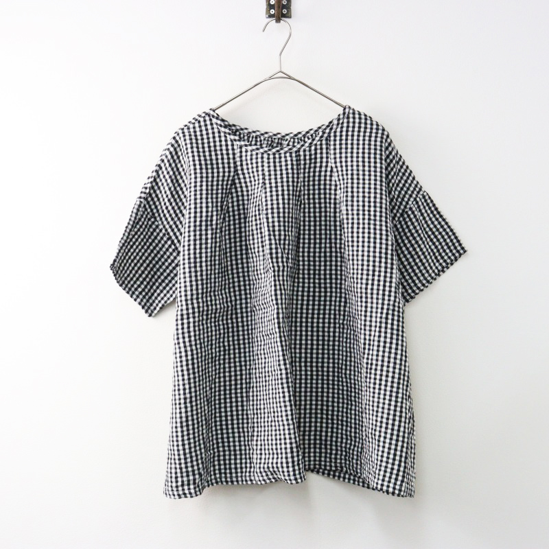 ネストローブ　グレーチェックブラウス UpcycleLino】ギンガムチェックギャザーブラウス｜nest Robe