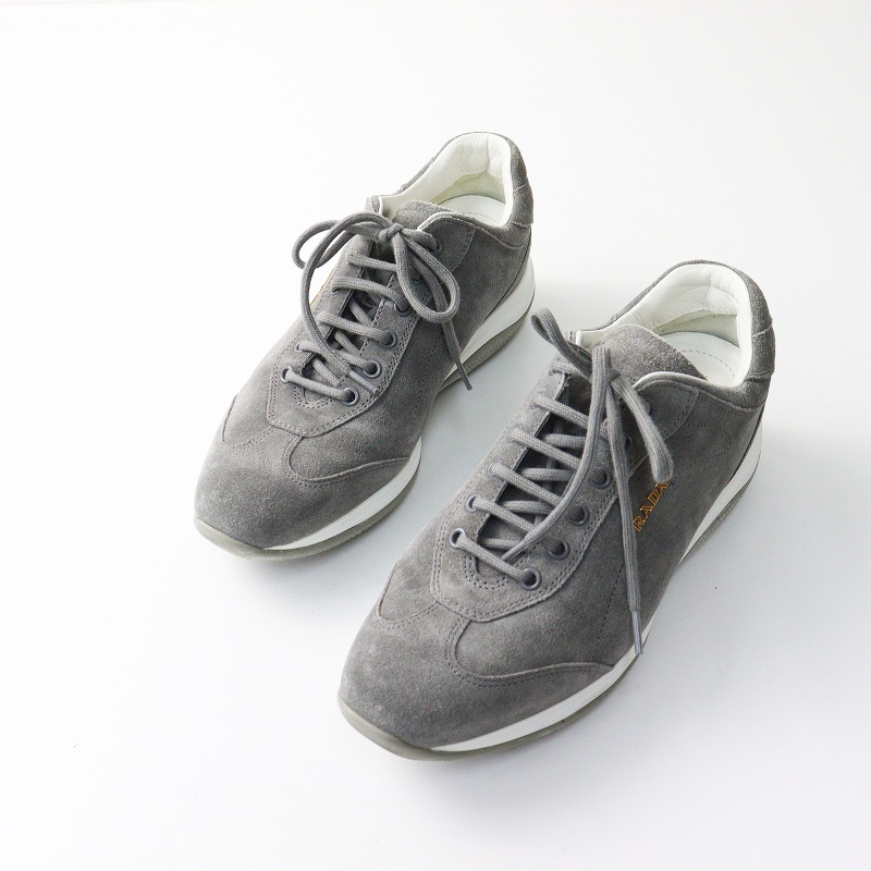 プラダ PRADA スウェード レースアップ スニーカー 38｜グレー