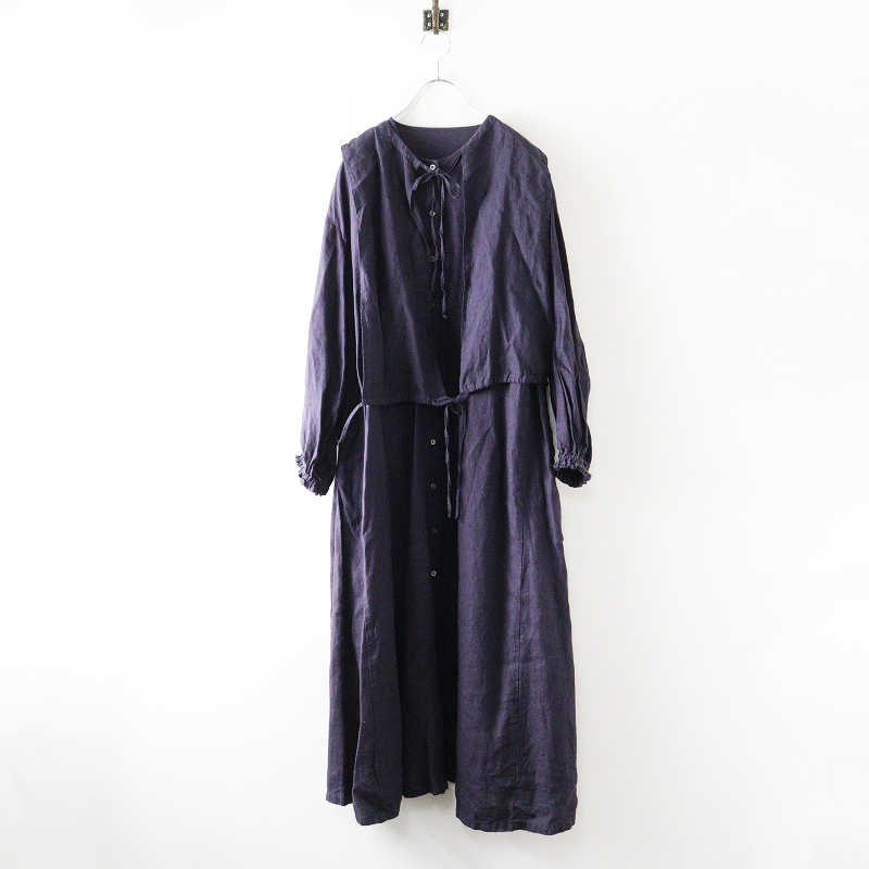 nest Robe】ネストローブ 麻100% キーネックタックフレアワンピース