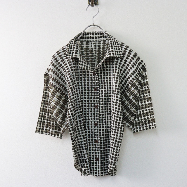 美品 プリーツプリーズ イッセイミヤケ PLEATS PLEASE ISSEY MIYAKE ドットストライプ柄 ブラウス 4//カーキ【2400013754477】 スプリングセール】美品 プリーツプリーズ イッセイミヤケ