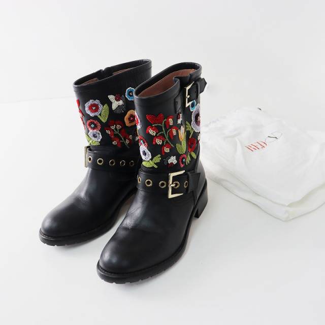 レッドヴァレンティノ RED VALENTINO フラワースパンコール装飾 レザー 