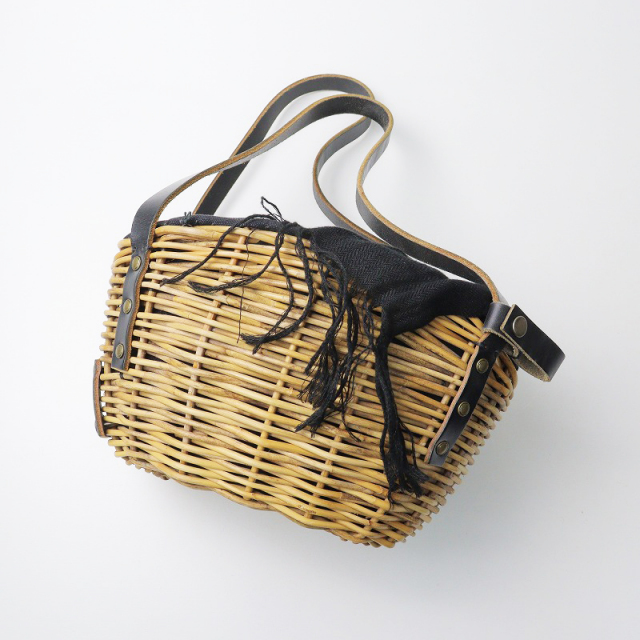 エバゴス ebagos リネン×ラビットファー被せ ブライドルレザー 紅籐  