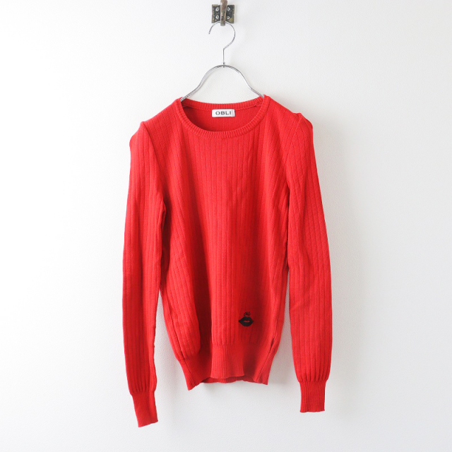 美品 オブリ OBLI リップ刺繍リブニット/レッド ウール トップス  