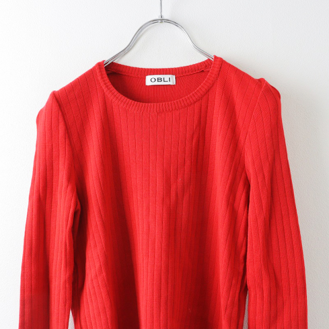 美品 オブリ OBLI リップ刺繍リブニット/レッド ウール トップス  
