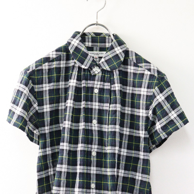 2024SS モリカゲシャツキョウト MORIKAGE SHIRT KYOTO リネンチェックの?半袖ネックギャザーシャツ L/グリーン ブラウス 【2400014018219】 2024SS モリカゲシャツキョウト MORIKAGE SHIRT KYOTO リネン