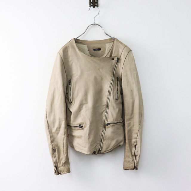シシ sisii レザー ノーカラーライダースジャケット XS/ベージュ 牛革  