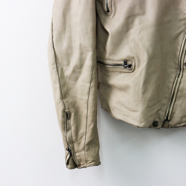 シシ sisii レザー ノーカラーライダースジャケット XS/ベージュ 牛革  