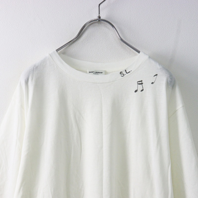 SAINT LAURENT - メンズ イタリア製 サンローラン パリ SAINT LAURENT PARIS 439416 ネックロゴ 音符プリント Tシャツ XS/ホワイト 白【2400014185355】 メンズ イタリア製 サンローラン パリ SAINT LAURENT PARIS