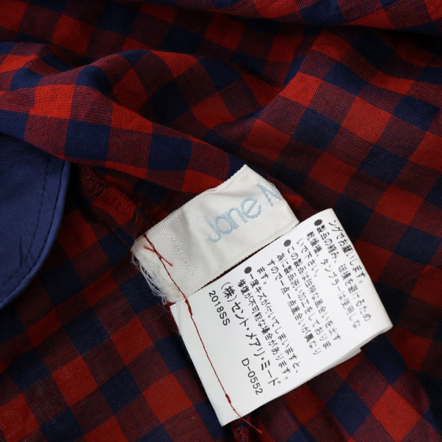 美品45R 赤ギンガムチェックリネンブラウス