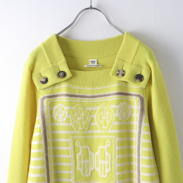 良品 イギリス製 JPタグ エルメス HERMES セリエボタン カシミヤニット