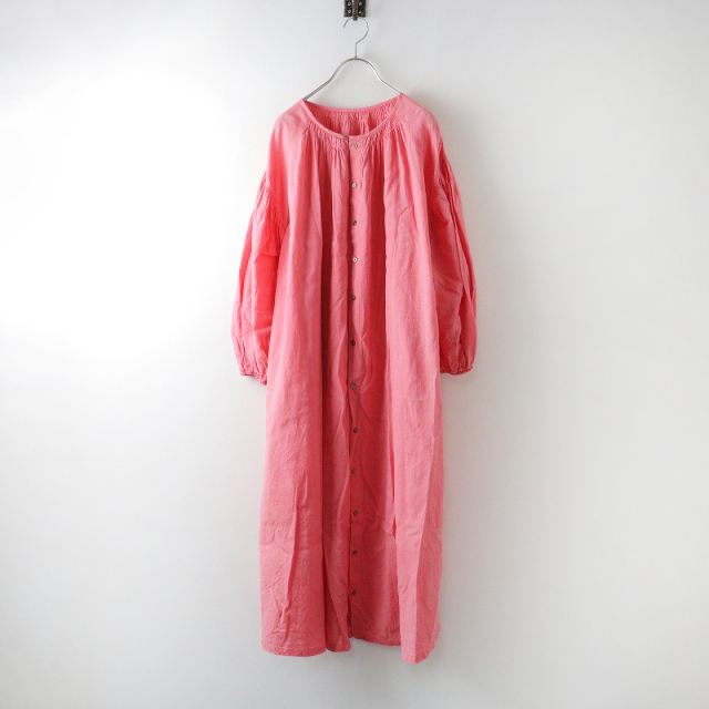 ネストローブ 麻100% リネンギャザーワンピース Vネック 赤 レッド