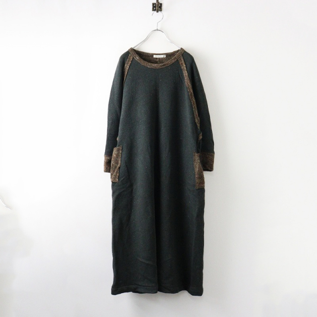 ミナペルホネン happa ダークグリーン 七分袖 ひざ丈ワンピース 38